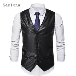 Men Elegant Faux Pu Leather Suits Vest Outerwear 2024 Single Breasted Tank Top Plus Size Mens Vintage Pocket Basic Party Shirt