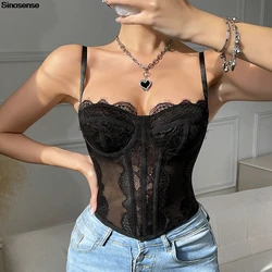 Women Lace Bustier Top Sexy Sheer Mesh See Through Spaghetti Strap Slim Camisole Y2K Going Out Night Club Party Corset Top