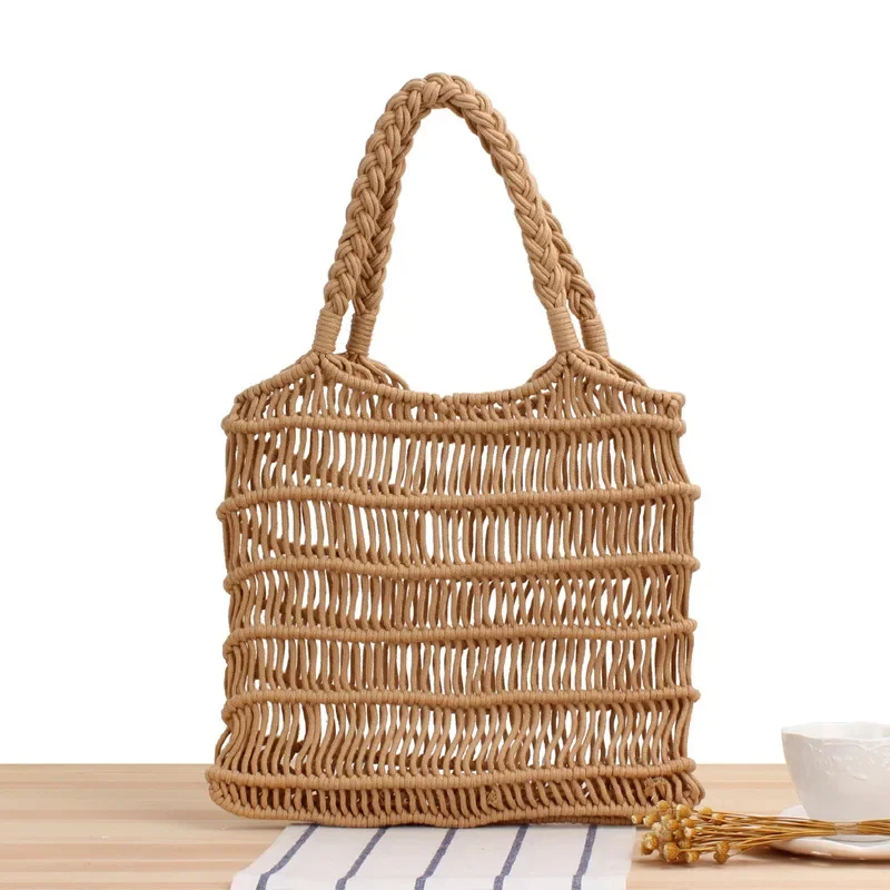 

New One-shoulder Portable Cotton Rope Net Bag Hand-woven Bags Female Vacetion Gift Straw Beach Bag