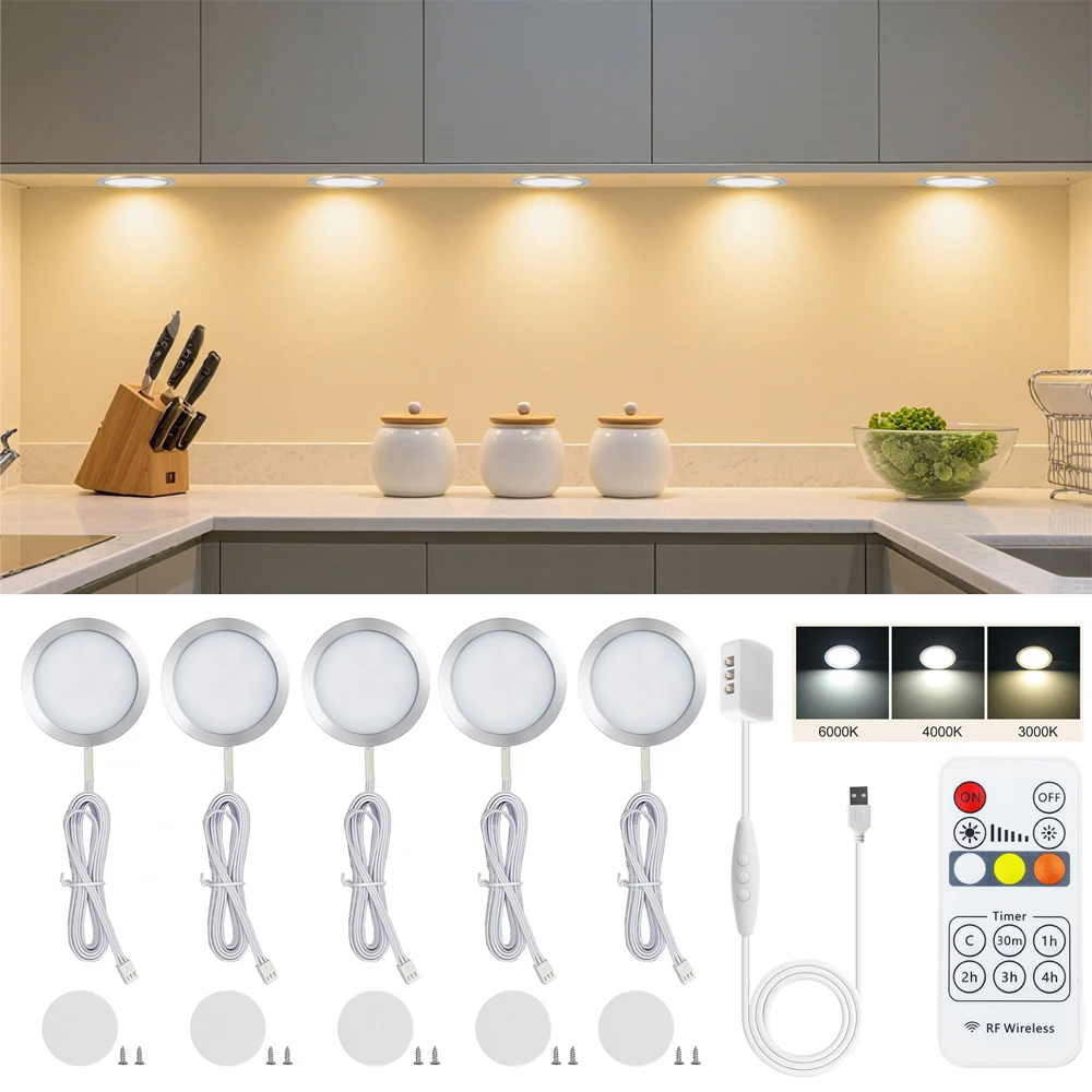 

5 В ультратонкий светодиодный USB круглый светильник для шкафа с регулируемой яркостью и дистанционным управлением для кухни, спальни, гардероба, освещения 3000K 4000K 6000K