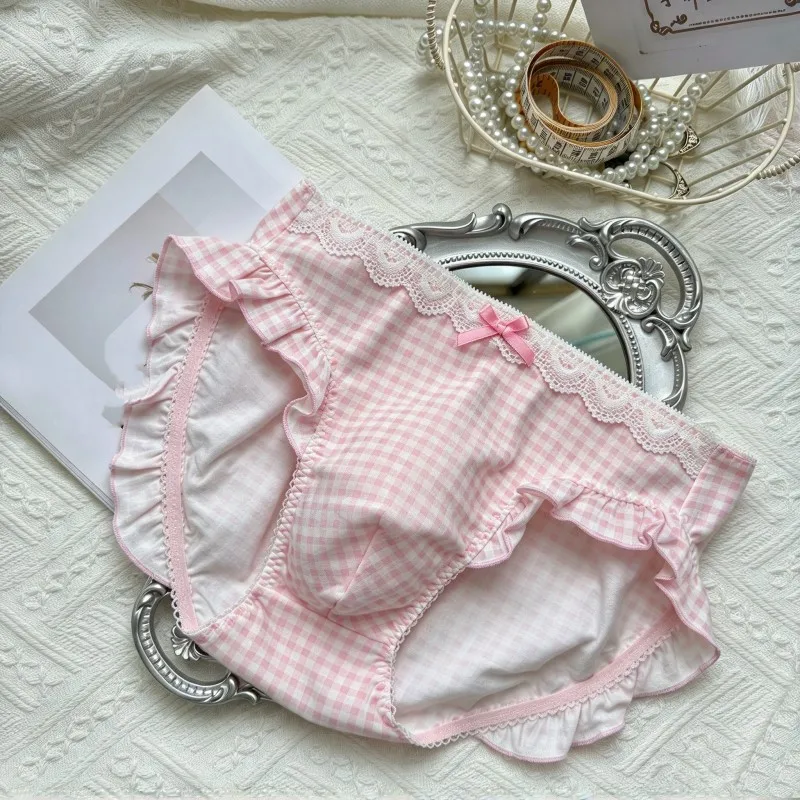 Men's Cute Pink Plaid Low Waist Convex Pouch Briefs Crossdressing Sweet Ruffle Knot Underwear Soft Breathable Cotton Panties