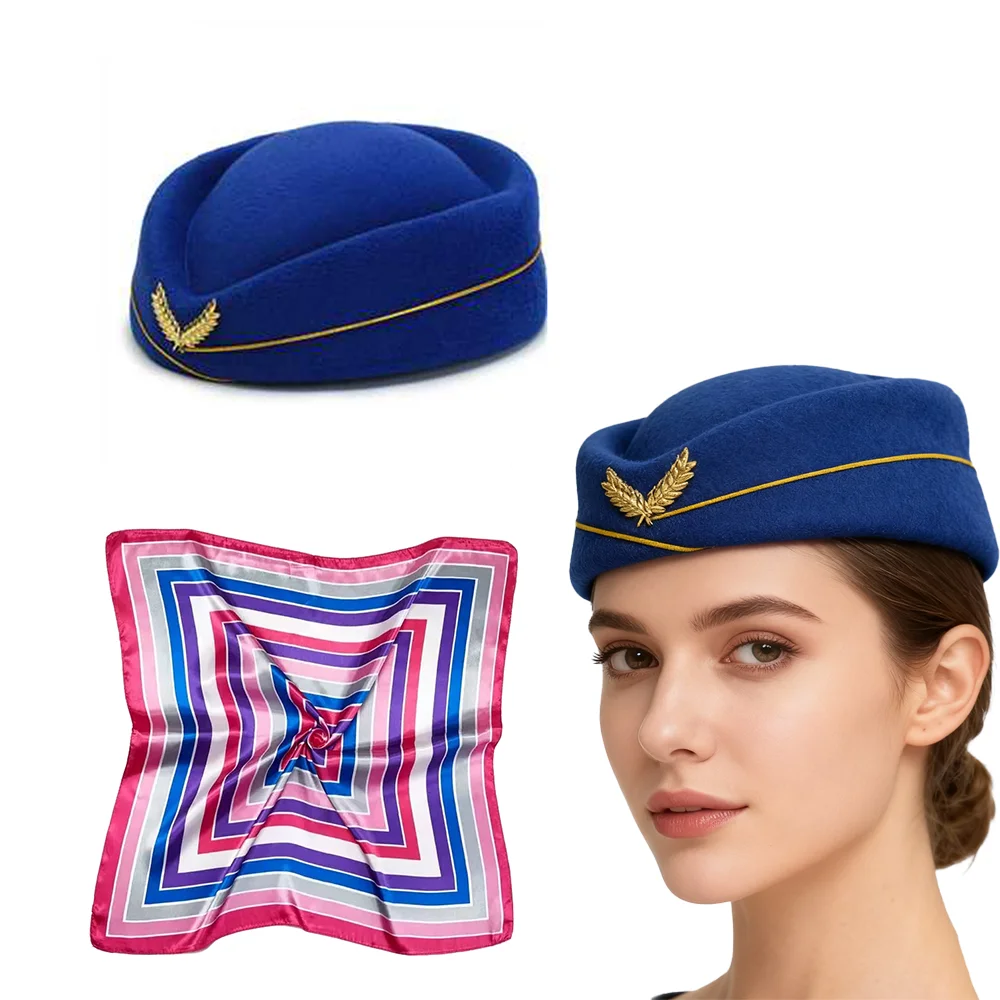 Chapéu de comissário de bordo com cachecol, chapéu de comissário de bordo, cachecol, acessórios de roupas para membros da tripulação, fantasia de cosplay de comissário de bordo