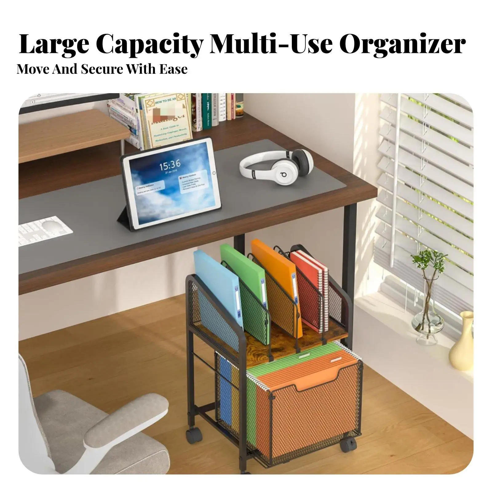 Mobile File Cart with Wheels Large Capacity Office Storage Cart on Wheels Multi-Functional Metal Mesh File Organizer for