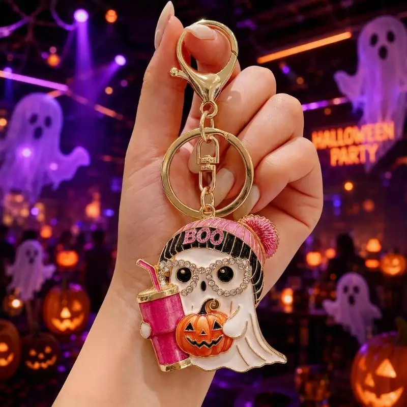 Spooky Halloween Keychain Sparkly Crystal Ghost Pendant Pink Knit Hat Pumpkin Design Backpack Charm Party Gift