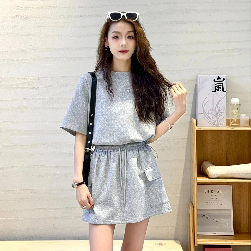 2024Summer Tracksuit Two Piece Sets for Women Fashion Diamond Short Sleeve T Shirt + Elastic Waist Mini Skirt Casual Y2k Outfits