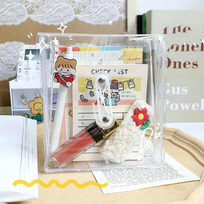 Clear Cosmetic Bag Waterproof PVC Pencil Pouch Portable Notebook Stickers Accessories Organizer Case