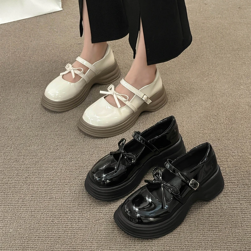 Black Chunky Platform Mary Jane Shoes for Women 2023 Autumn Patent Leather Pumps Woman Thick Bottom Bowknot Lolita Shoes Ladies