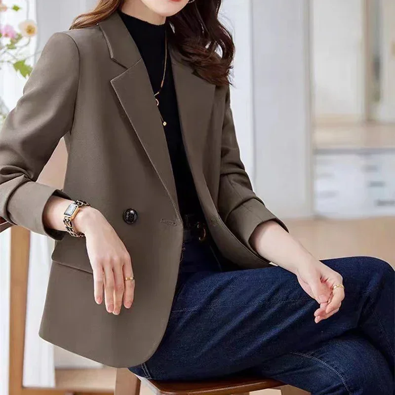 Blazer lengan panjang Korea wanita, mantel hitam kantor gesper ganda musim gugur kerah lipat untuk perempuan