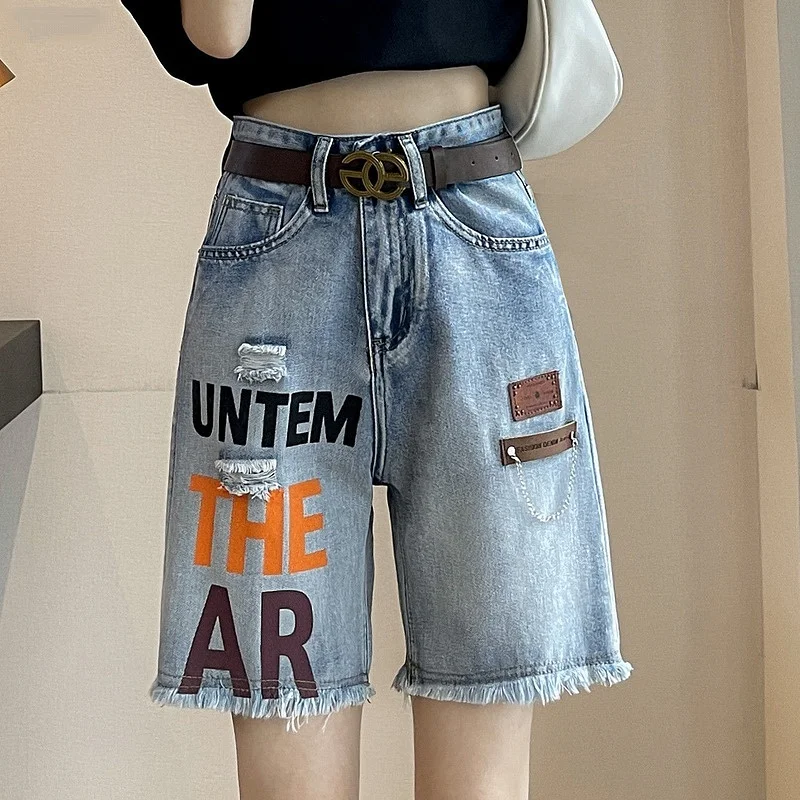 

Лето 2024, свободные женские джинсы с принтом в Корейском стиле, брюки из смеси хлопка с высокой талией, джинсовые синие цвета, широкие брюки