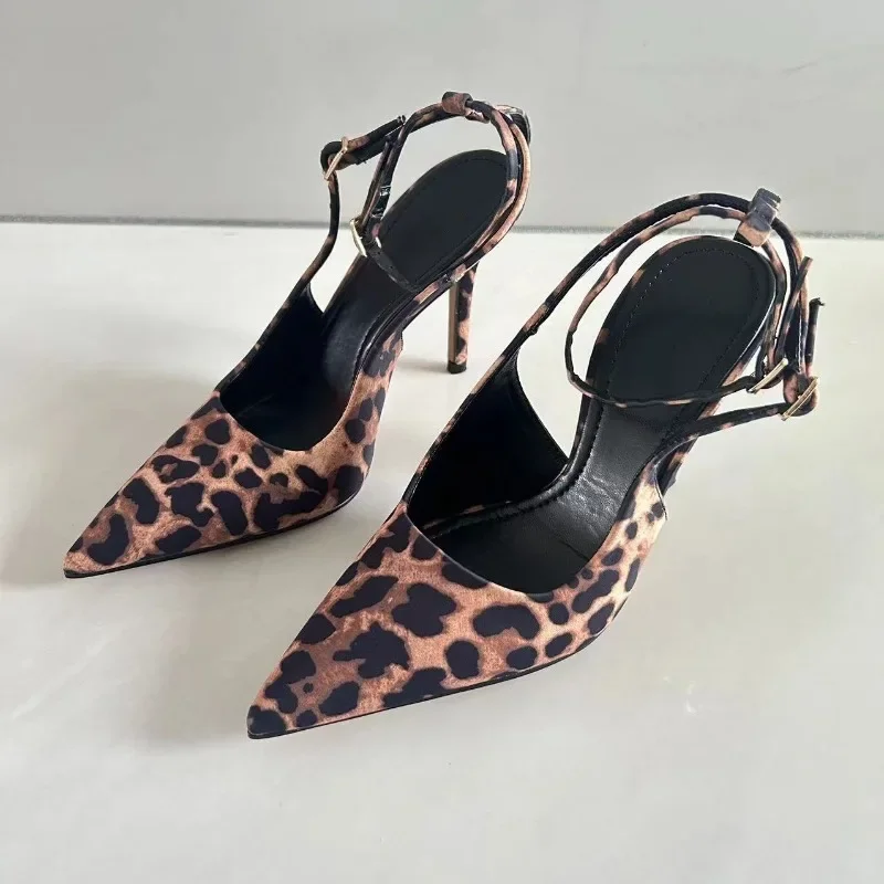 Leopard Print Pointed Toe Office Lady Shoes 2024 Autumn Designer Shallow Stilettos Large Size Ankle Strap Women High Heels Pumps