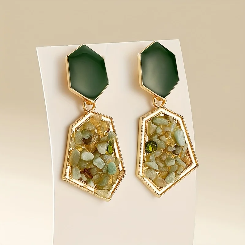 Pendientes retro de color verde aguacate para mujer, pendientes de cristal con incrustaciones de piedras preciosas geométricas irregulares, pendientes de estilo corte francés, ideales para fiestas y cenas.