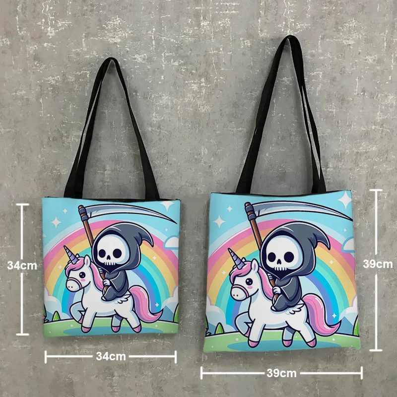 Cute Grim Reaper Print Shopping Bags Kawaii Death Skull Black Cat Women Handbag Large Capacity Storage Bag Shopper Bags Tote Bag