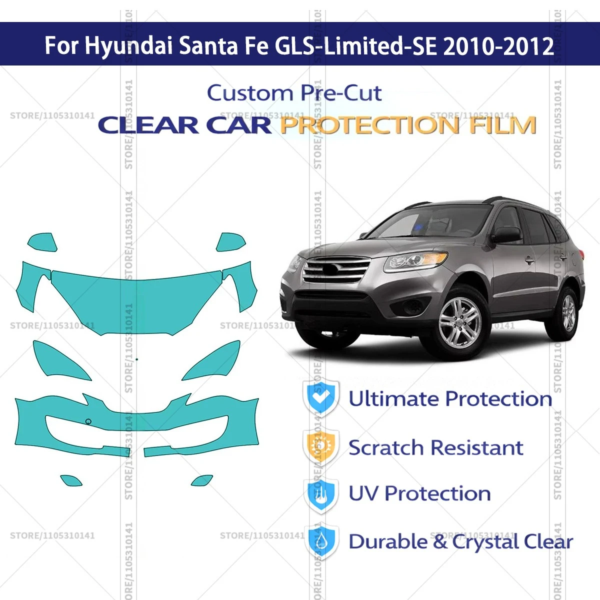For Hyundai Santa Fe GLS-Limited-SE 2010-2012 Pre-Cut Paint Protection Film PPF Transparent Car Film Automotive PPF Front Kit