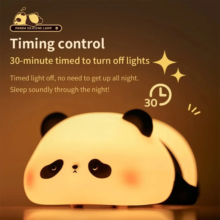 Mini Panda Night Lights for Kids, Silicone Timing, Lâmpada recarregável, Desenhos animados criativos, Decoração de luz do quarto, Lâmpada de