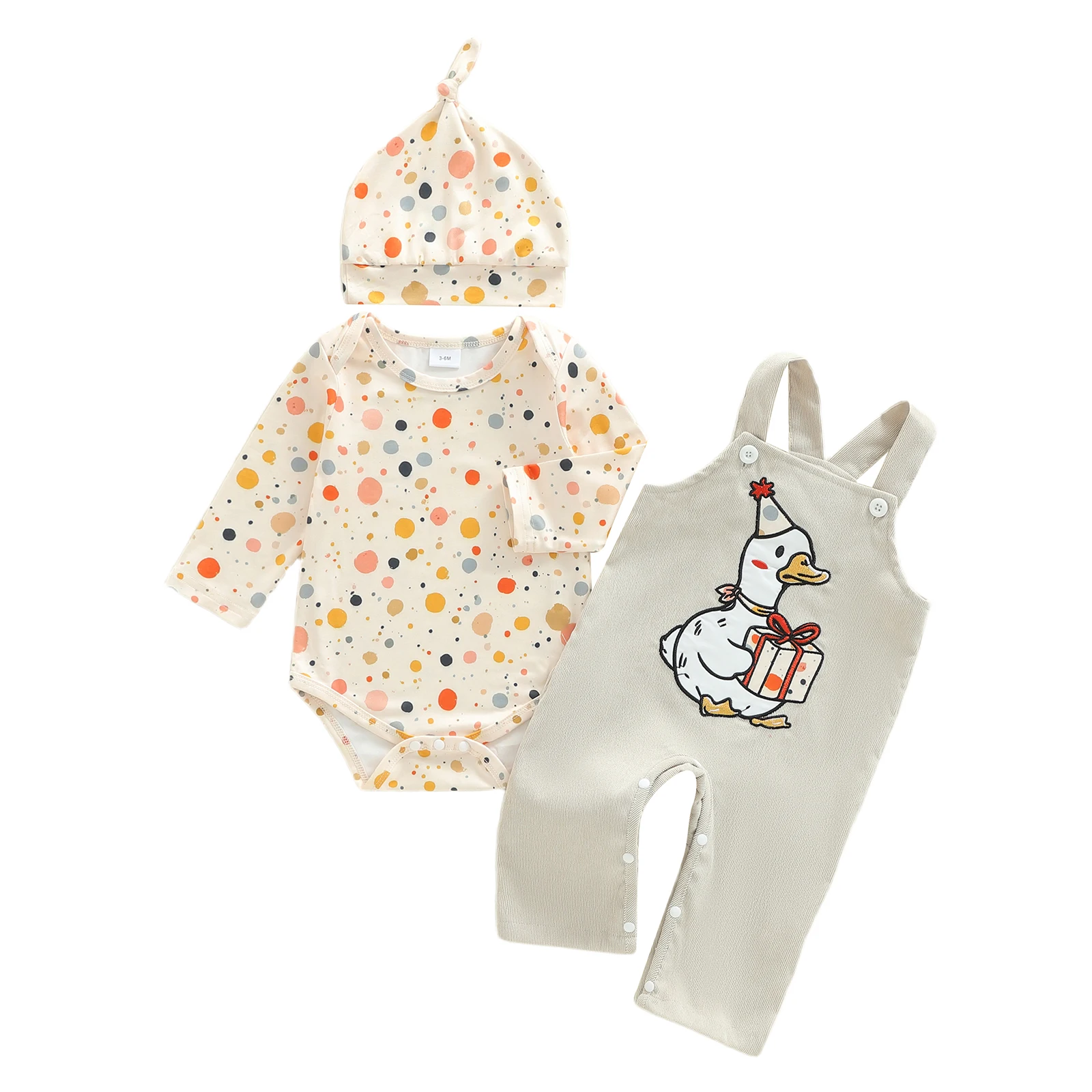 

Очаровательный осенний ансамбль для маленьких мальчиков и девочек с комбинезоном в горошек с вышитыми гусиными комбинезонами и подходящей кепкой — 3.