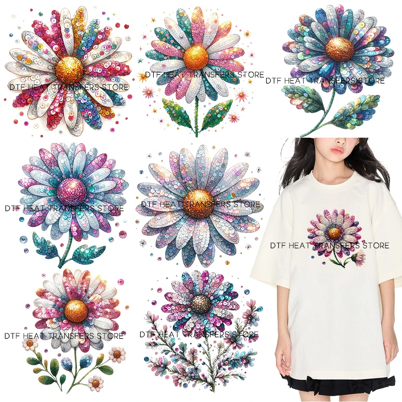 Sparkling Chrysanthemum iron on heat transfer dtf transfers ready to press patches for Children\'s clothing iron on heat transfer