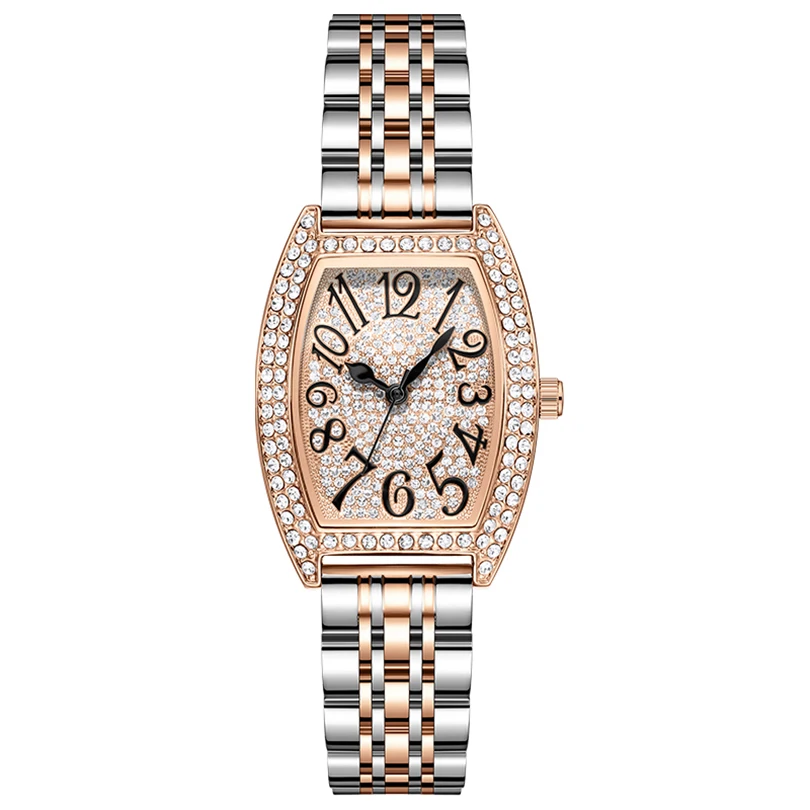 Rose Gold Full Diamond Watch Women Quartz Wristwatch Luxury Ladies Tonneau Clock Fashion Stainless Steel Rhinestone Reloj