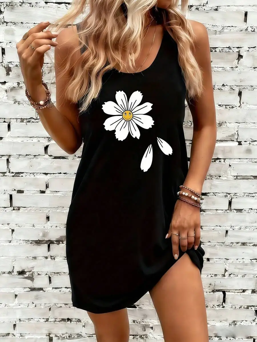 

Women Sleeveless Tank Dress With Daisy Print Summer Casual Midi Dress
