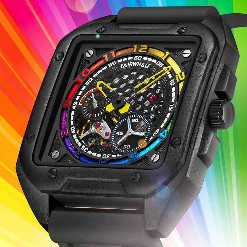 

Mark Fairwhale Men Automatic Mechanical Watch Silicone Strap Waterproof Luminous Skeleton Design Sports Watches Men Reloj Hombre