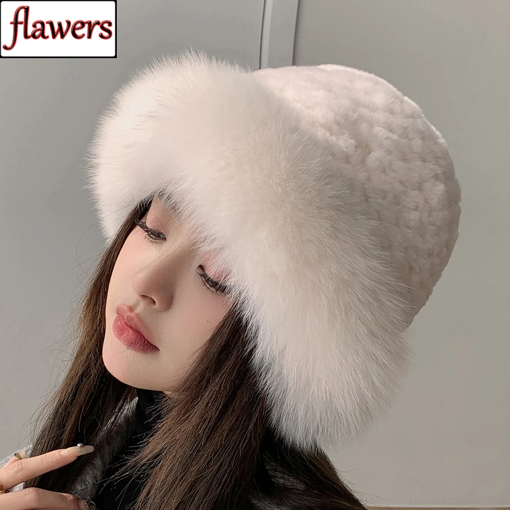 

Luxury Women Winter Hat Real Rex Rabbit Fur Hats Lady Winter Genuine Fox Fur Cap Beanies Warm Soft Fluffy 100% Natural Fur Hat