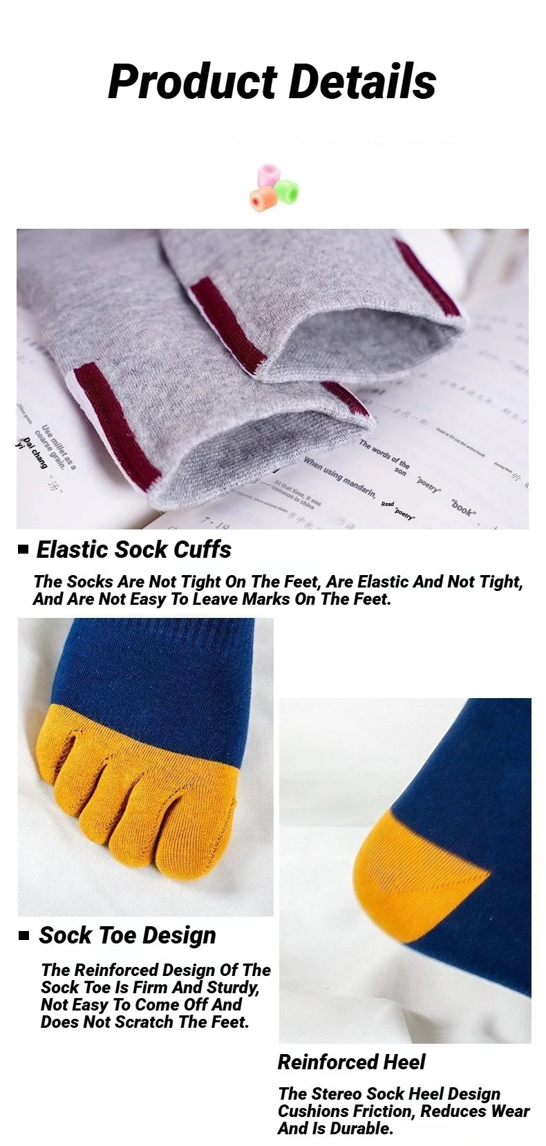 5 Paar Herren-Freizeitsocken aus Baumwolle mit fünf Zehen, atmungsaktiv, sportlich, weich, hochwertig, mit geteilten Zehen, für Herren, Wandern, Basketball, Laufen – Detail 5