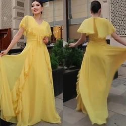 Vestido largo plisado de gasa, traje recto con cuello en V, para ocasiones a medida, para compromiso