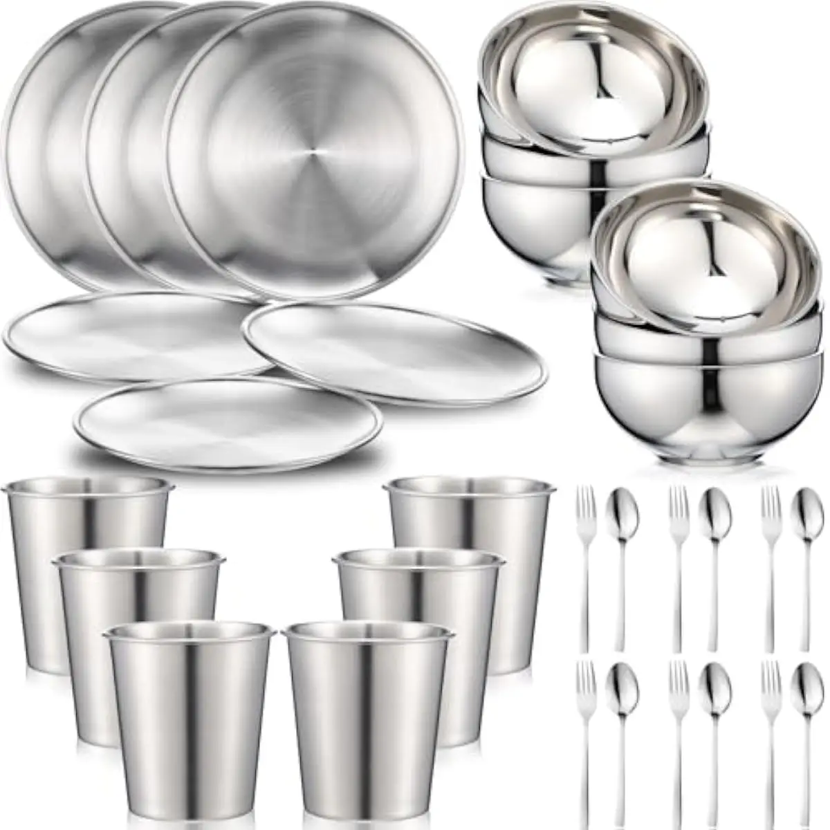 30-Piece 304 Stainless Steel Tableware Collection in Sleek Silver Tone Featuring 6 Plates 6 Bowls 6 Cups 6 Forks 6 Spoons Ideal