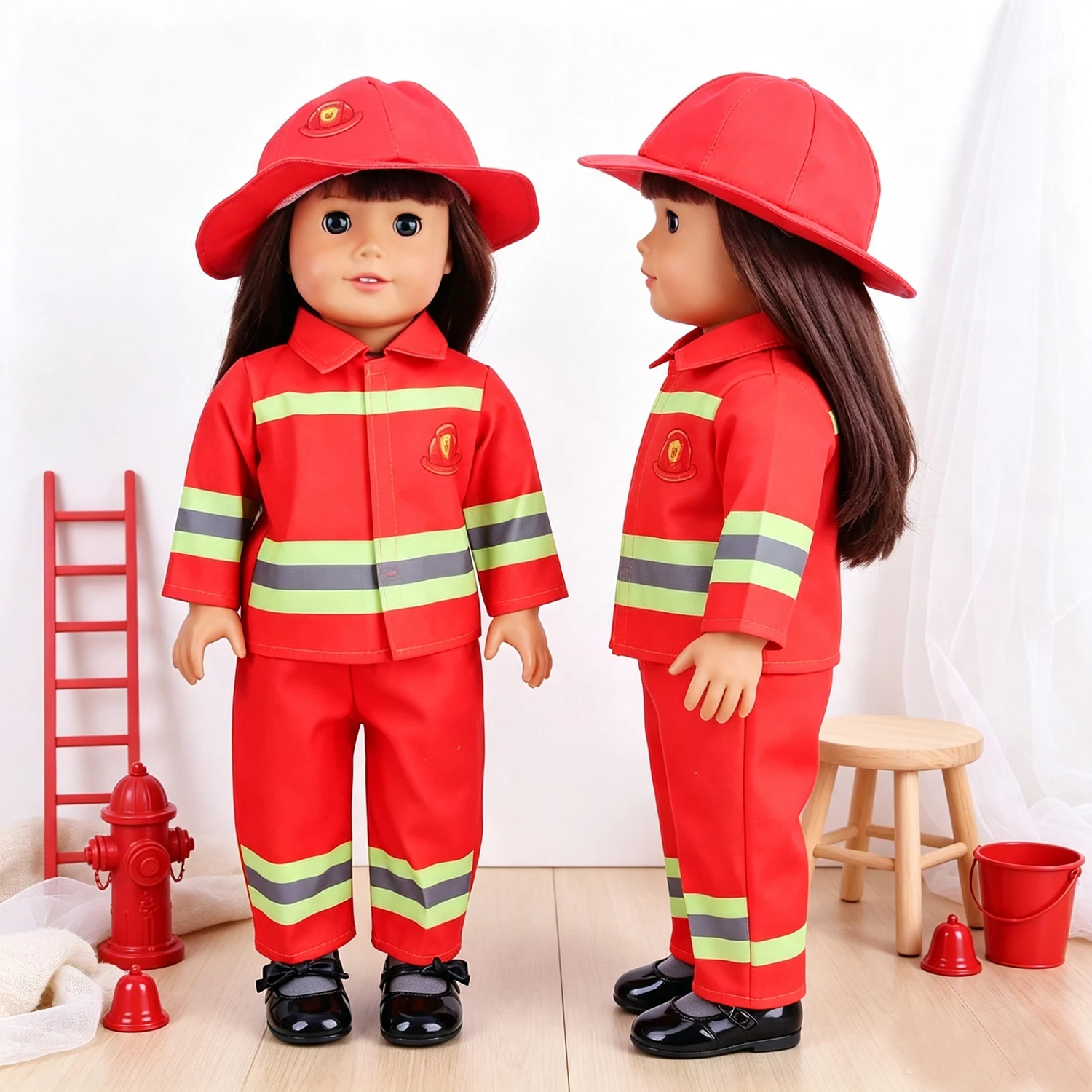 Red Firefighter Doll Uniform Set Top Pants Hat + Shoes Doll  Clothes Outfit Accessories For 18-Inch American & OG Girl Dolls Toy - view 2