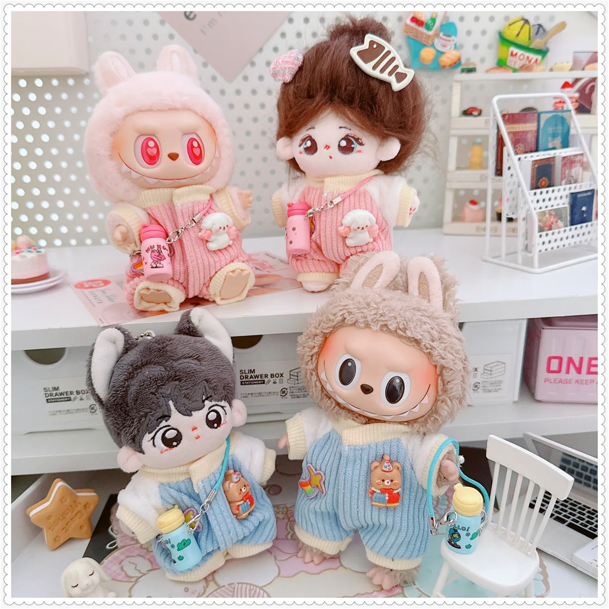 10cm Cute Idol Doll Clothes Kawaii Pink Blue Water Bottle Climbing Clothes 2Pcs Set Cartoon Dress Up Can  Change Clothes Game