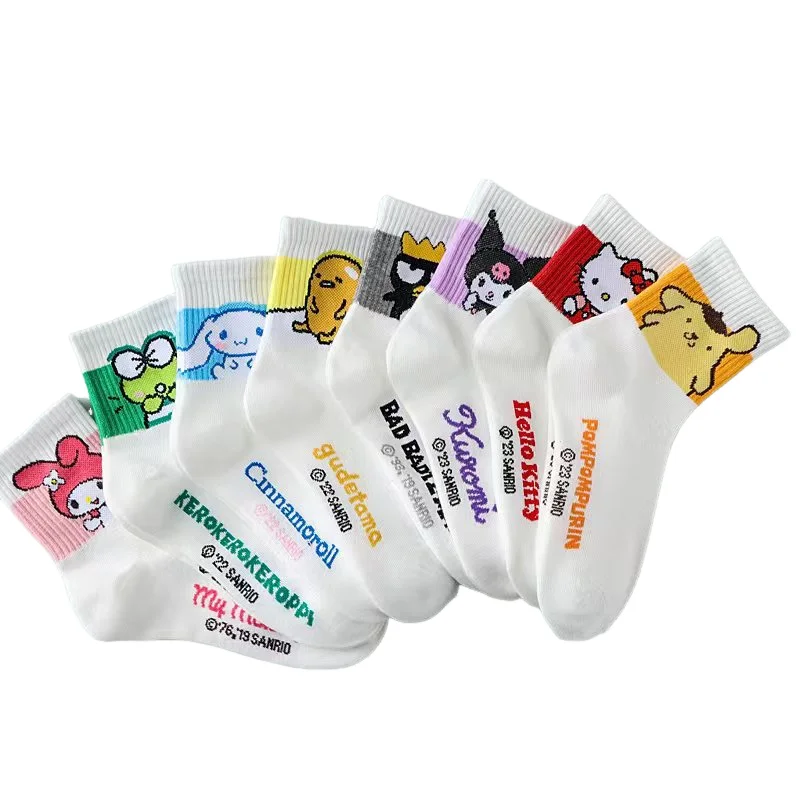 8Pcs Sanrio Hello Kitty Four Seasons Female Medium Socks Kawaii Kuromi Cartoon Anti-Slip Student Sports Socks Household Items