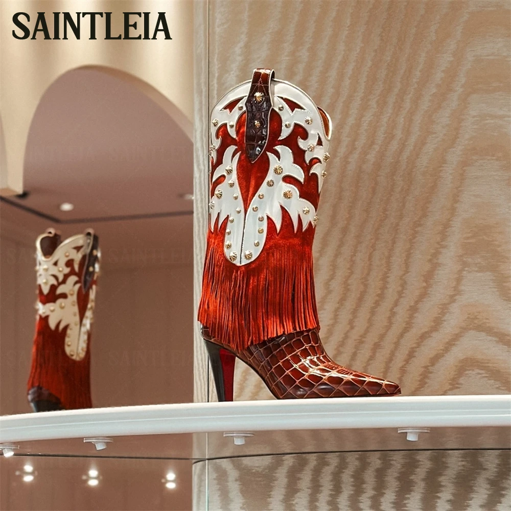 

Fringe Mid-Calf Cowboy Boots Designer Luxurious Style Spikes Rhinestone Tassel Boots Retro Style Multicolor Pointed Women Boots