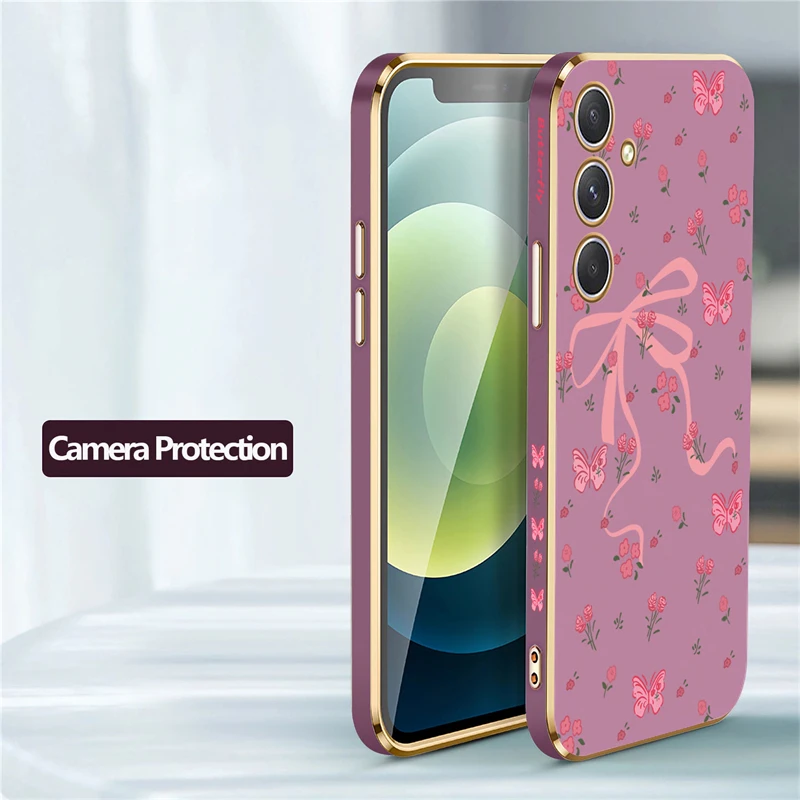 A54 5G Pattern Pink Bow Soft Case For Samsung Galaxy A32 A33 A34 A24 A25 A35 A55 A15 A42 A50 A52 A53 A71 A72 A73 Plating Cover