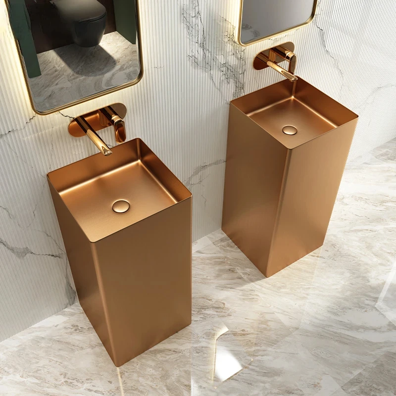 High Quality Light Luxury Stainless Steel Rectangular Column Basin Wash Basin Integrated Floor Mounted Bathroom