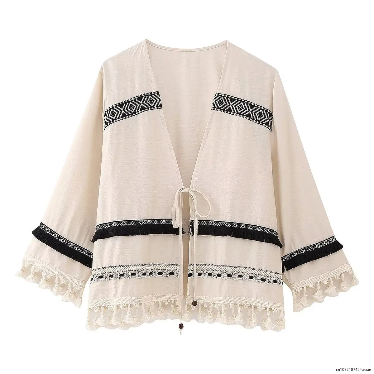 

Women Fashion Embroidery Stitching Hem Tassel Cardigan Lace Up Kimono Jacket Coat Female Outerwear Chic Coat Tops