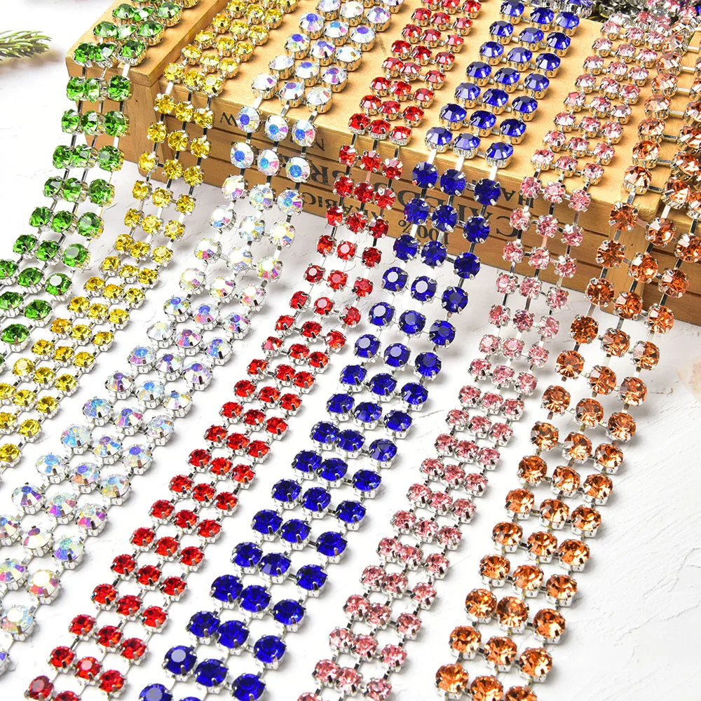 3Rows Round Handmate Rhinestones Chain Crystal Glass Trim Fancy Gemstone Cup Chain DIY Garment Accessories Nail Art Decoration