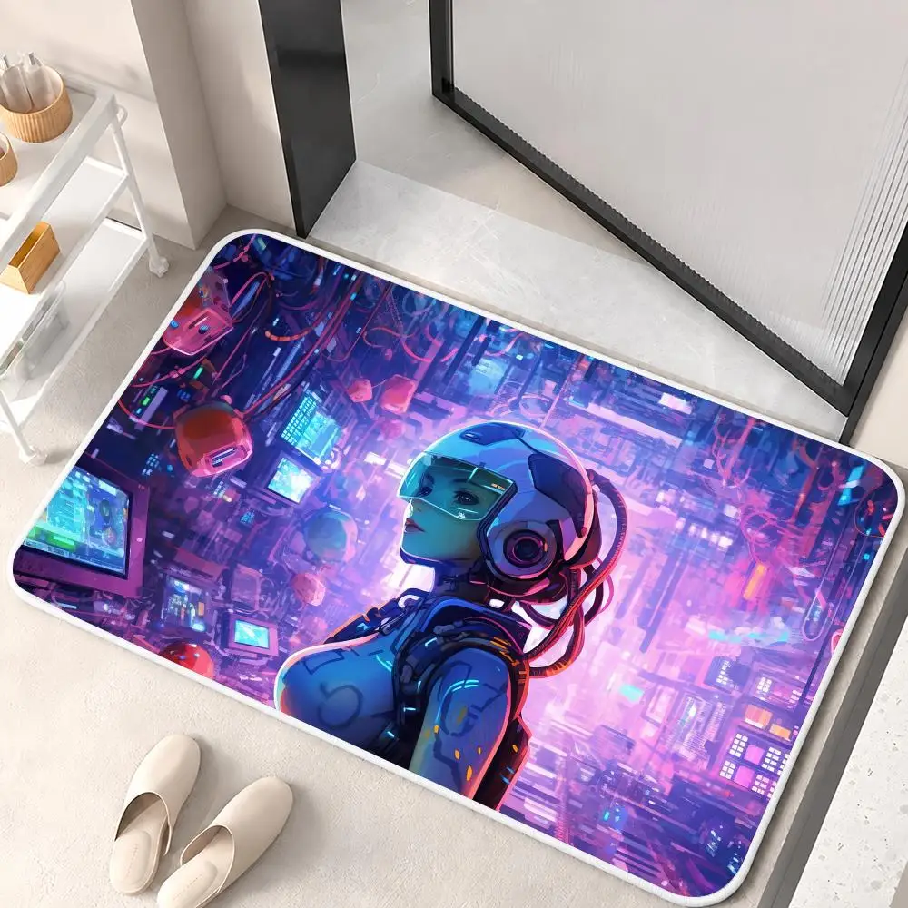 Robot Girl Coding Floor Mat Flannel Rug Non Slip Absorbent Soft Washable For Entryway Hallway Bathroom Kitchen Decor