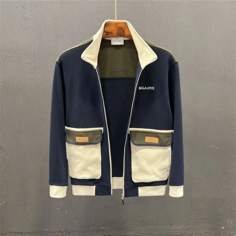 

Мужская модная куртка в стиле пэчворк с цветовыми блоками, повседневная, с воротником-стойкой, осенне-зимняя, из смесового хлопка, укороченная, стандартного кроя