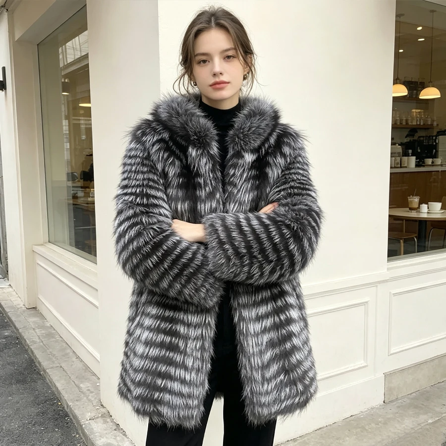

Winter Real Fur Coat Silver Fox Fur Jacket Womens Long Fur Coat Female Fashion New Arrival