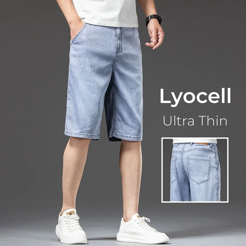 

2024 Summer Thin Lyocell Men's Casual Loose Denim Shorts Stretch Soft Comfortable Straight-leg Jeans Shorts Male Blue Grey