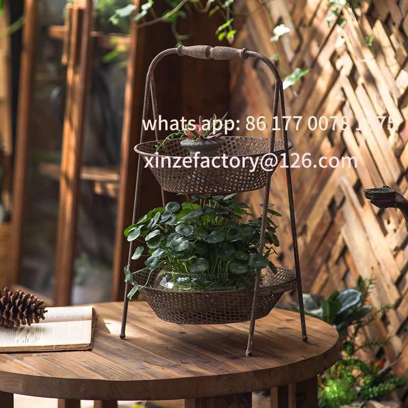 Customizable Vintage Iron Two-Tier Basket Stand, Rustic Metal Plant Holder, Decorative Organizer for Home, Garden, Ritual