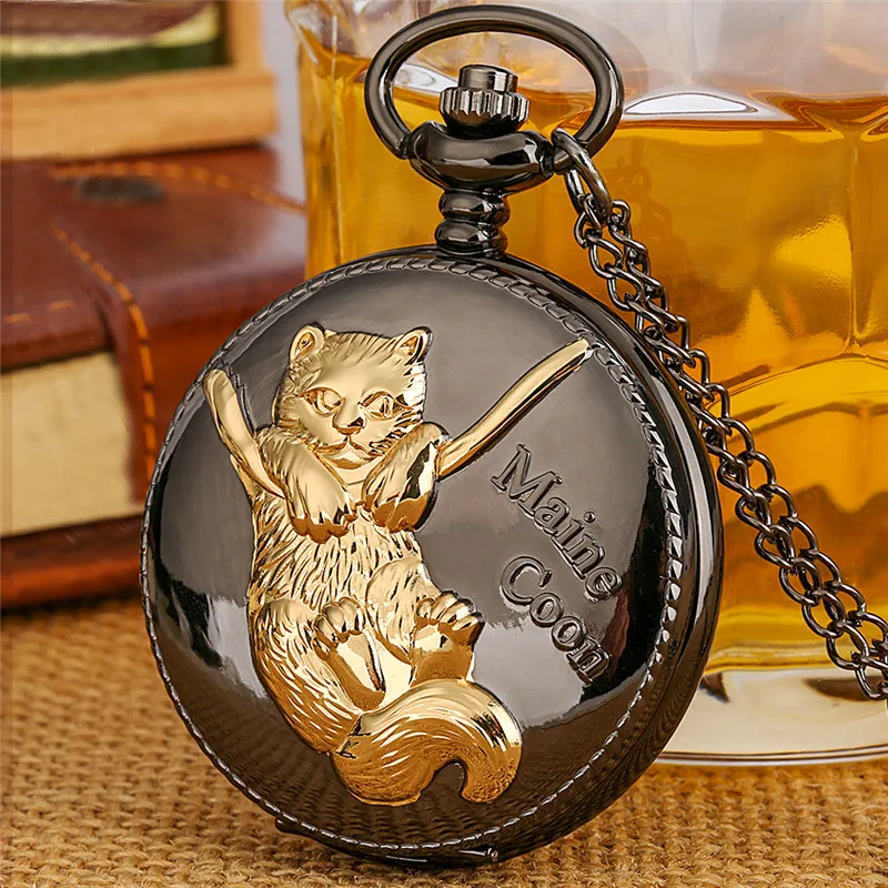 Vintage Style Carved Golden Maine Coon Cat Design Pet Animal Unisex Quartz Pocket Watch Sweater Pendant Chain Reloj De Bolsillo