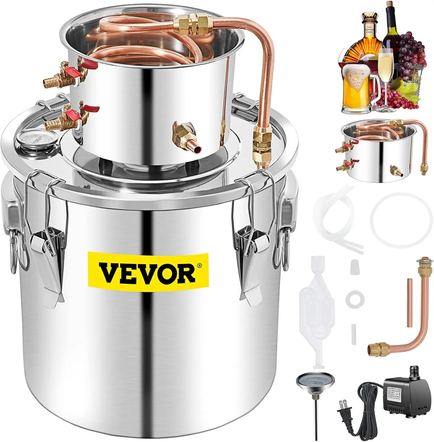 

VEVOR Alcohol Still 13.2Gal/50L Alcohol Distiller Stainless Steel Distillery Kit for Alcohol With Copper Tube & Pump Home Brewin