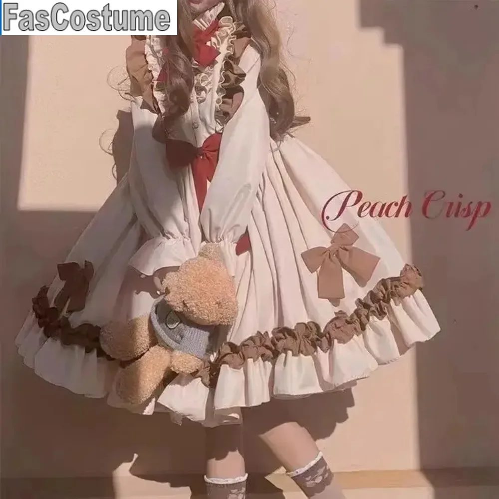 Lalka Retro Lolita Sukienka dla kobiet Urocza Jesienno-Zimowa Sukienka z Długim Rękawem Kokarda Słodka Dziewczyna Wyszczuplająca Talia Sukienka A-line Fuffly