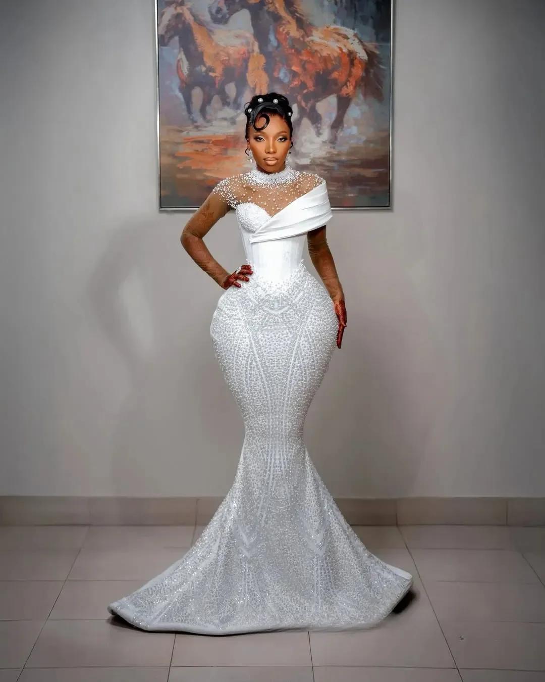 Vestido de novia de sirena con lentejuelas y cuentas brillantes, cuello alto personalizado, con falda extraíble, impresionante vestido de novia