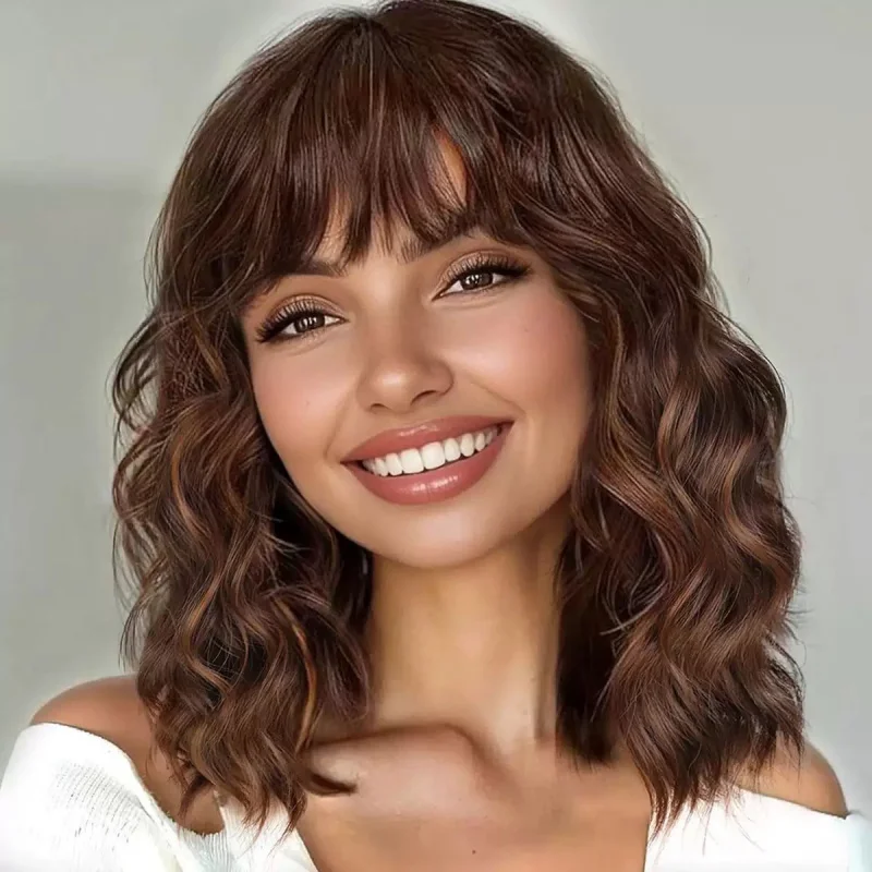

European and American Style Medium-Length Curly Wig for Women with Bangs, Water Wave Fashion Full Wig