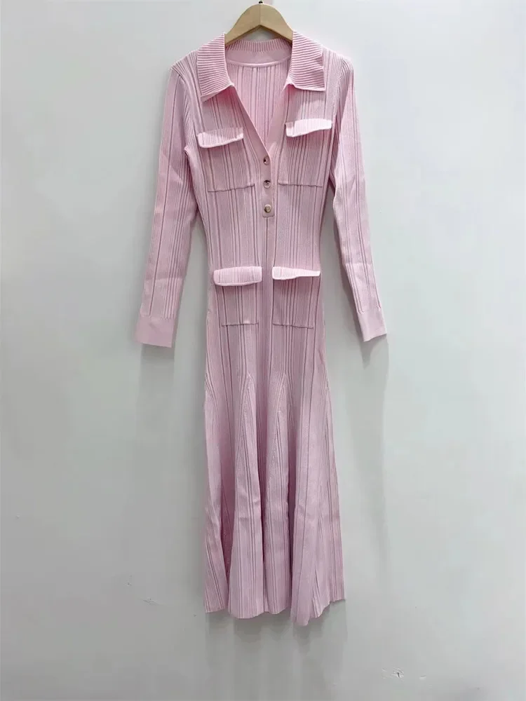 Women Pink Knitted Robe Turn-down Collar Long Sleeve Pockets Slim Spring 2024Midi Dress