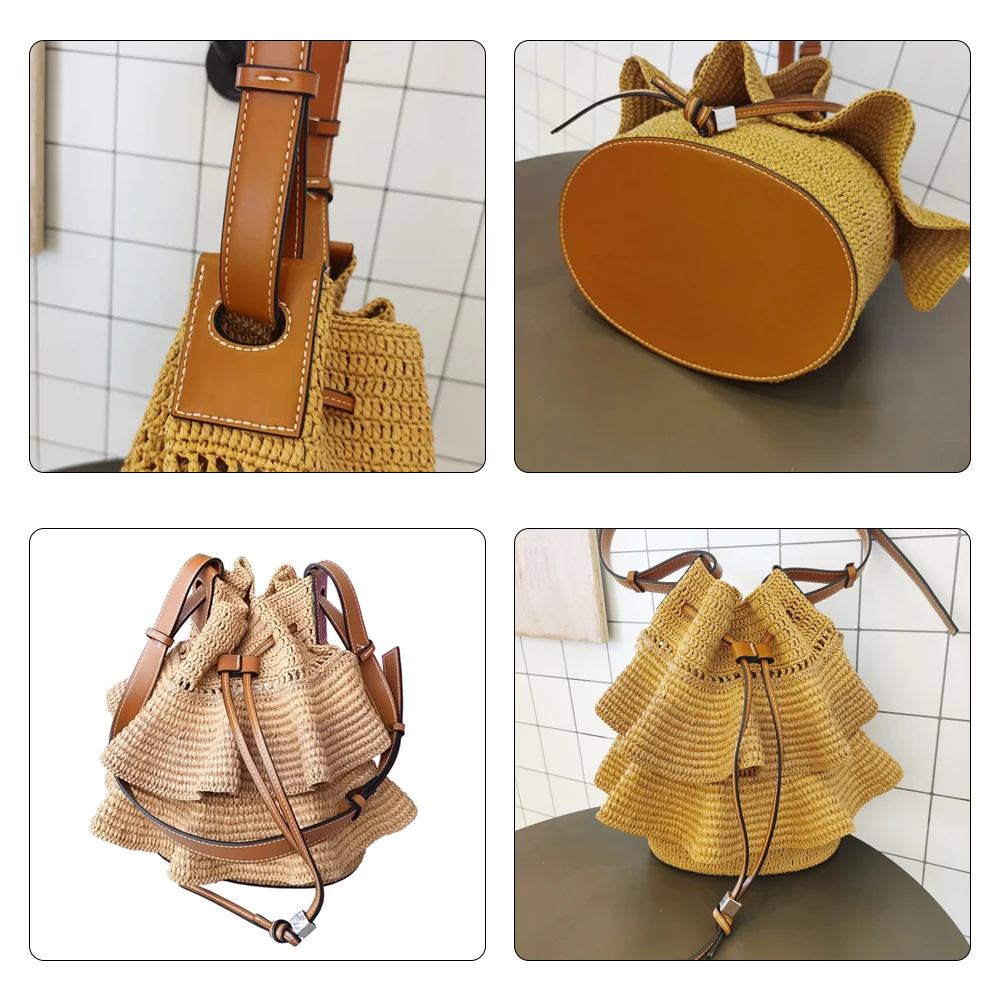 Hollow Drawstring Woven Bag Set Handmade Handbag Shoulder Strap Bucket Bag Leather With Bag Bottom Belt Bag For DIY Backpack