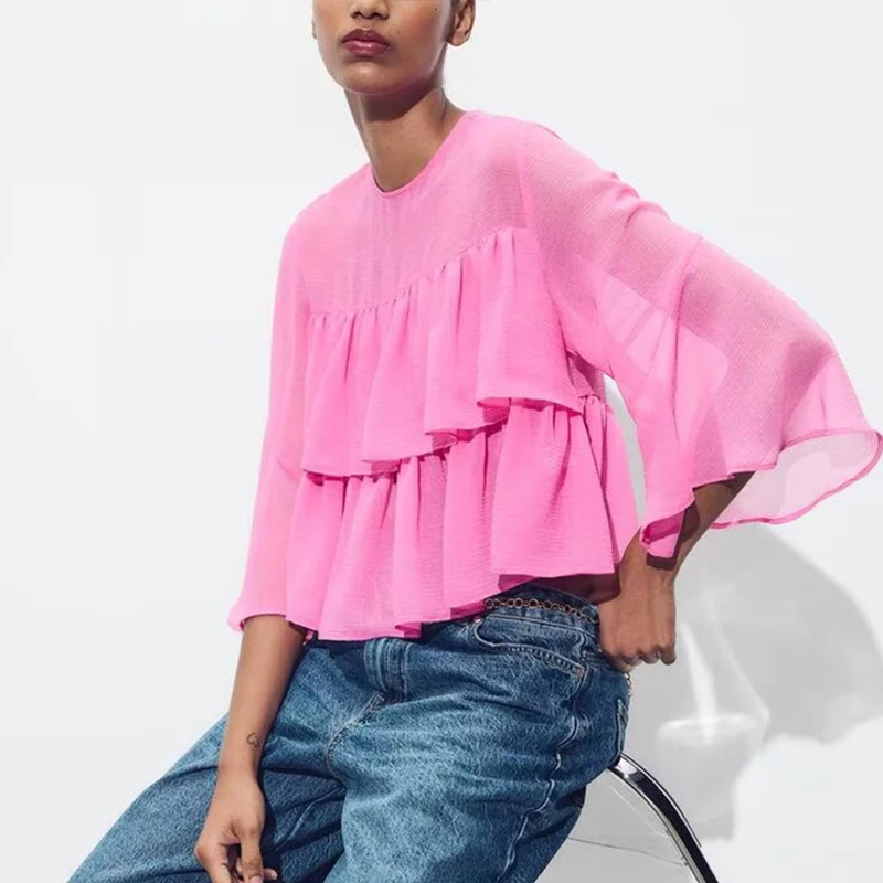 Lente 2025 Dames Faion irt rond Ne Gelaagde Decoratie Ba Split Sweet Sle Pure Kleur Polyestervezel 00%