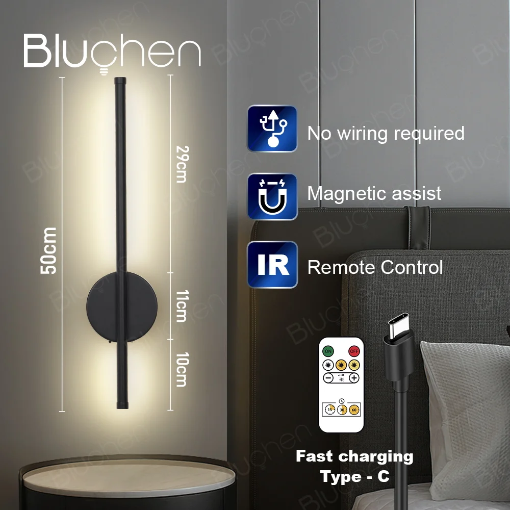 Rechargeable LED Wall Light 50CM Modern Wall Sconce Light with Remote Control Wireless Inside Wall Lamp Battery Powered