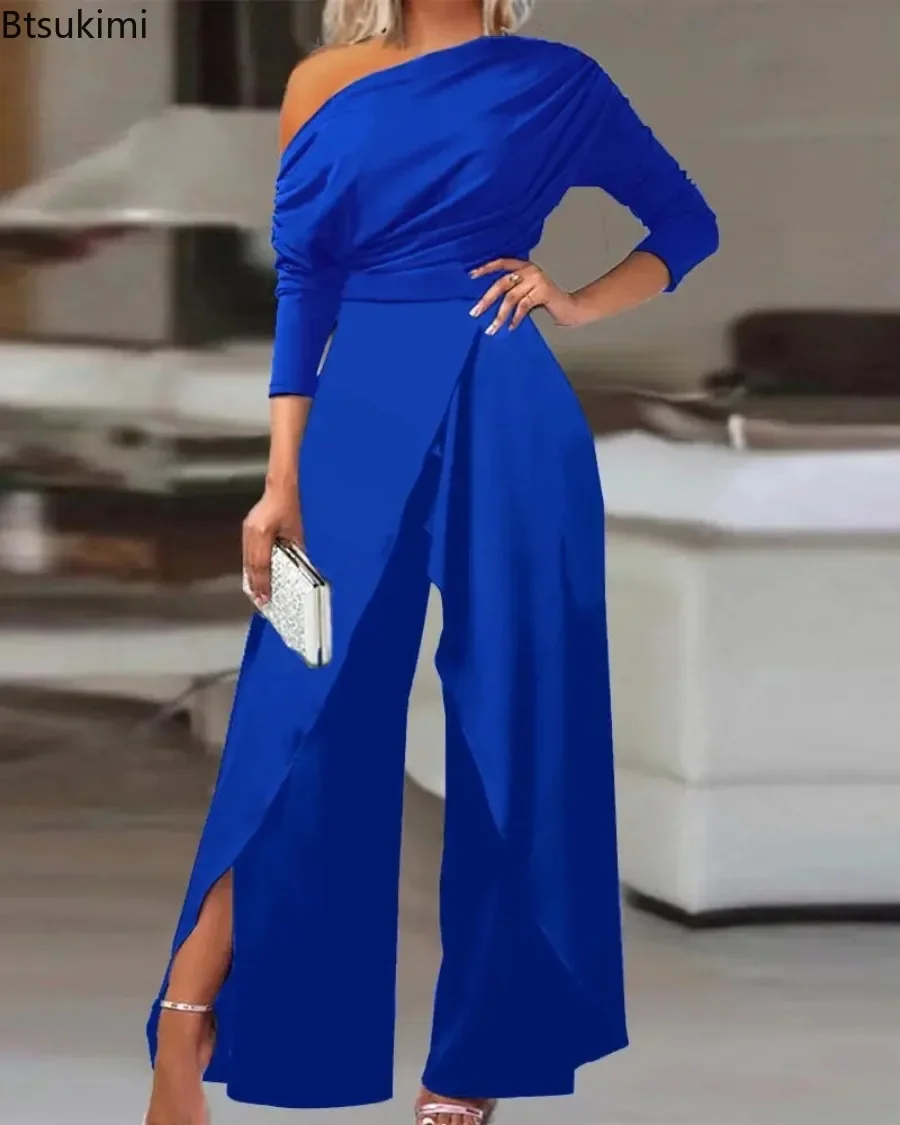 New 2025 Elegant Jumpsuits for Women Ruched Cold Shoulder Sexy Slit Wide Leg Jumpsuit Business Office Lady Solid Party Jumpsuit